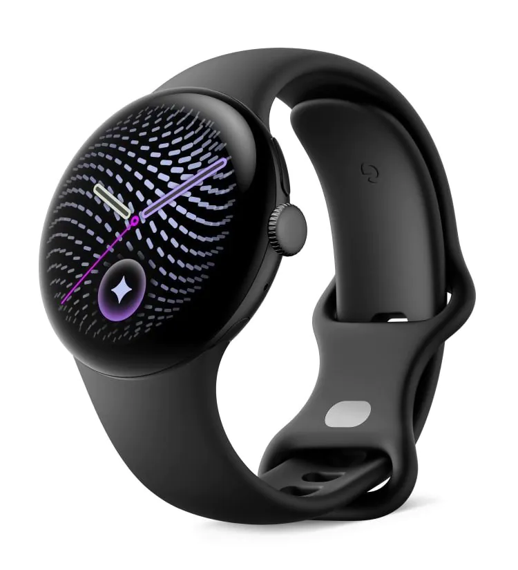 Montre connectée Google Pixel Watch noire sur fond blanc.