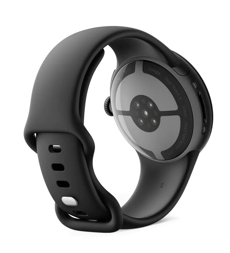 Dos de la Google Pixel Watch 5 noire avec capteur de fréquence cardiaque.