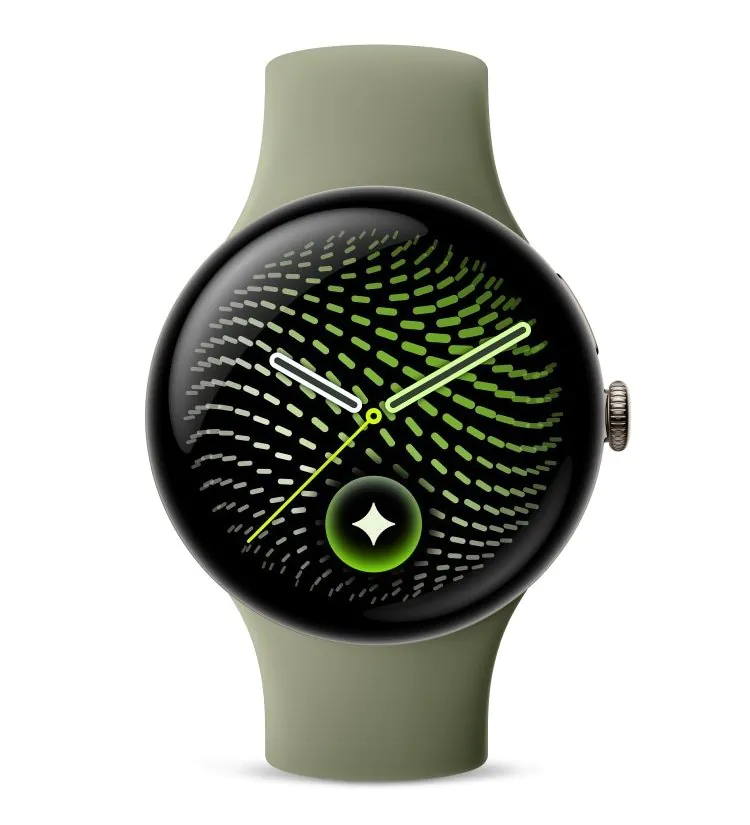 Google Pixel Watch vert sauge sur fond blanc.