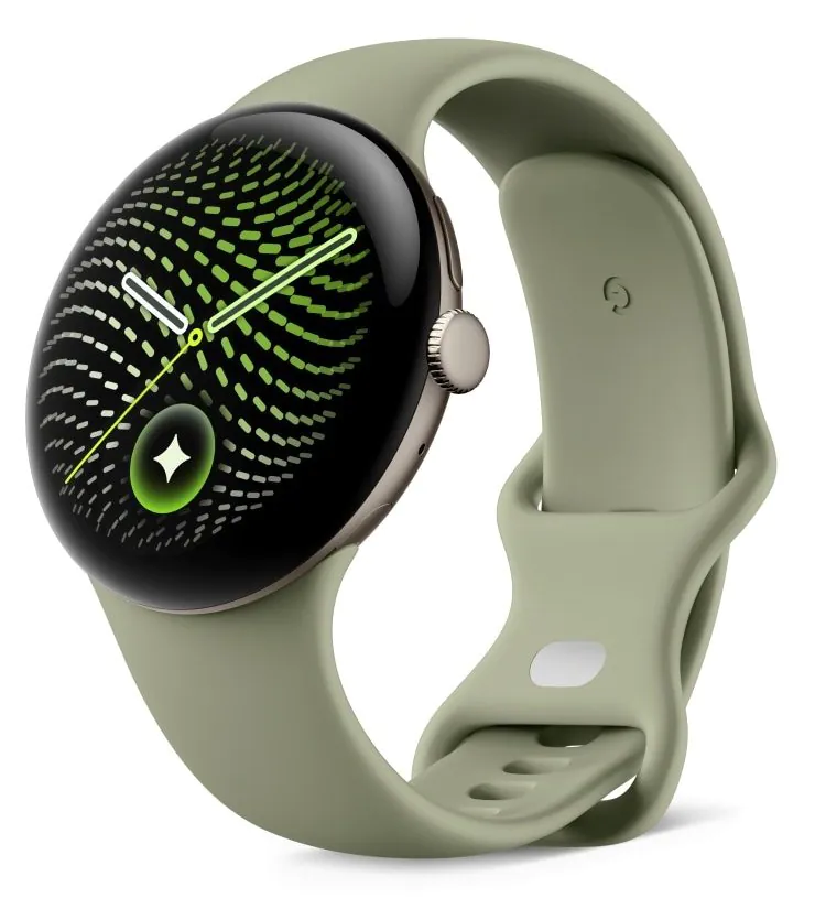 Montre connectée Google Pixel Watch avec bracelet vert sauge.