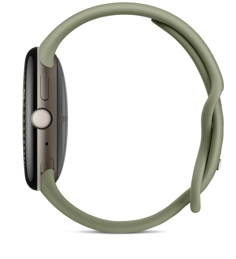 Montre connectée grise et bracelet vert-gris.