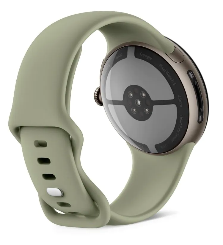 Dos d'une Google Pixel Watch 5 vert sauge.