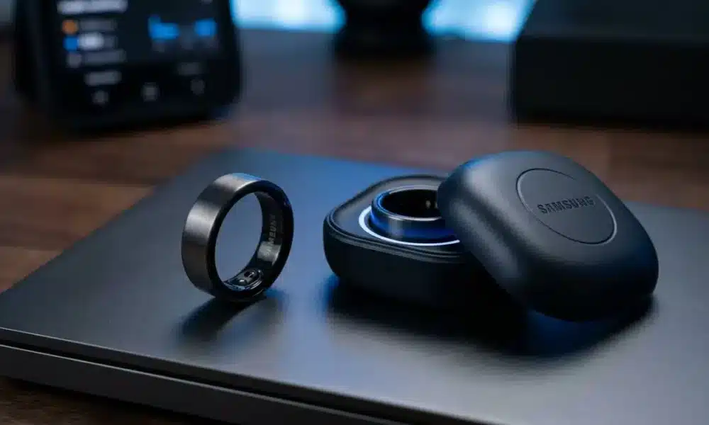Samsung Galaxy Ring noire et son étui de chargement.