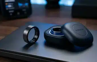 Samsung Galaxy Ring noire et son étui de chargement.