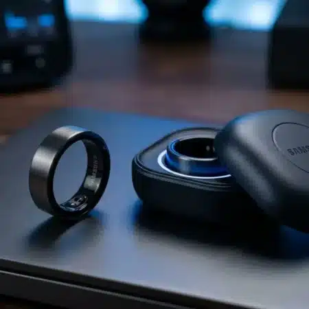 Samsung Galaxy Ring noire et son étui de chargement.