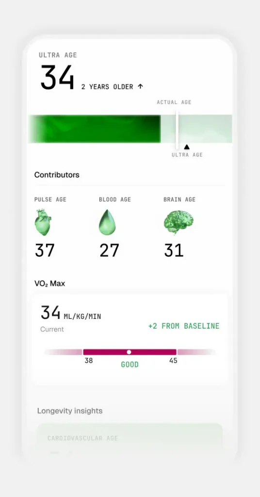 Application mobile affichant l'âge biologique et les métriques de santé.