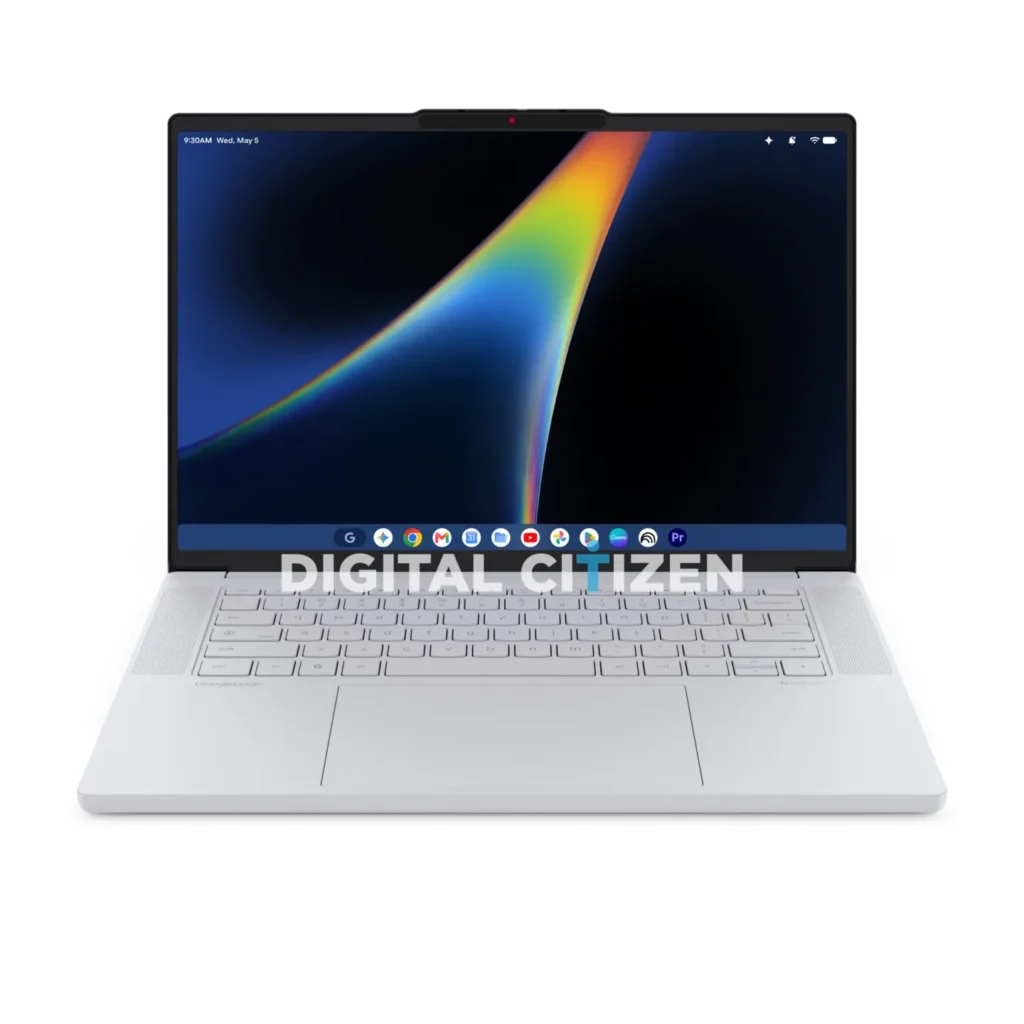 Ordinateur portable blanc avec écran Chrome OS et fond d'écran abstrait.