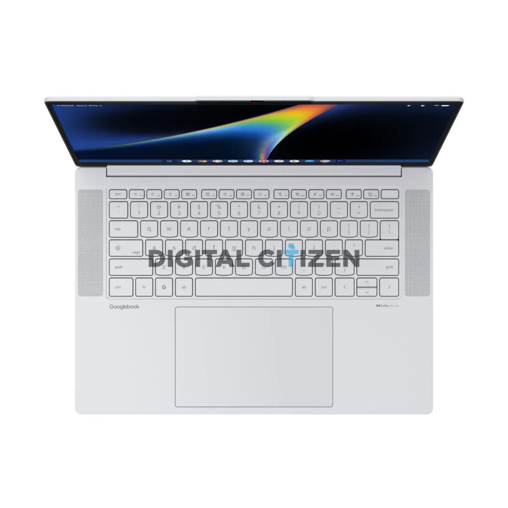 Ordinateur portable Googlebook blanc ouvert, vue de dessus.