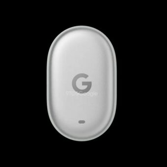 Étui de chargement Google Pixel Buds gris clair sur fond noir.
