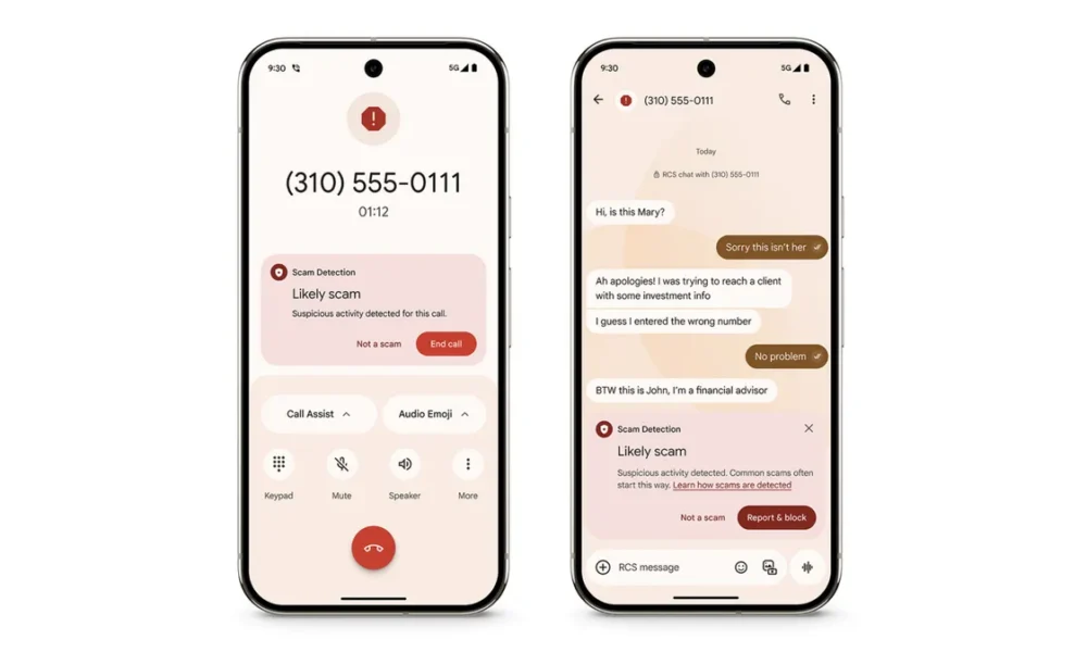 Téléphones affichant la détection d'appels et messages frauduleux.