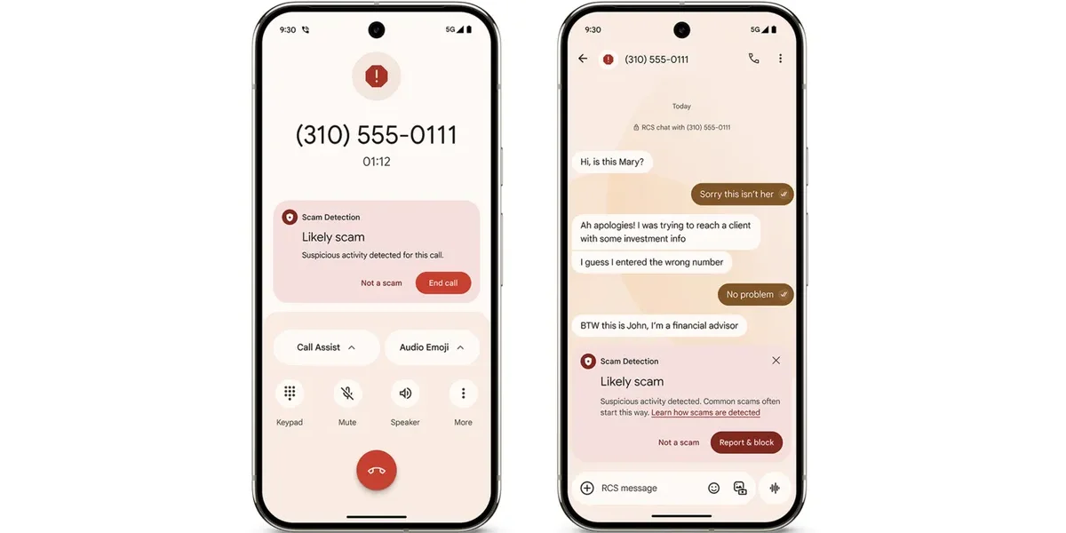 Téléphones affichant la détection d'appels et messages frauduleux.