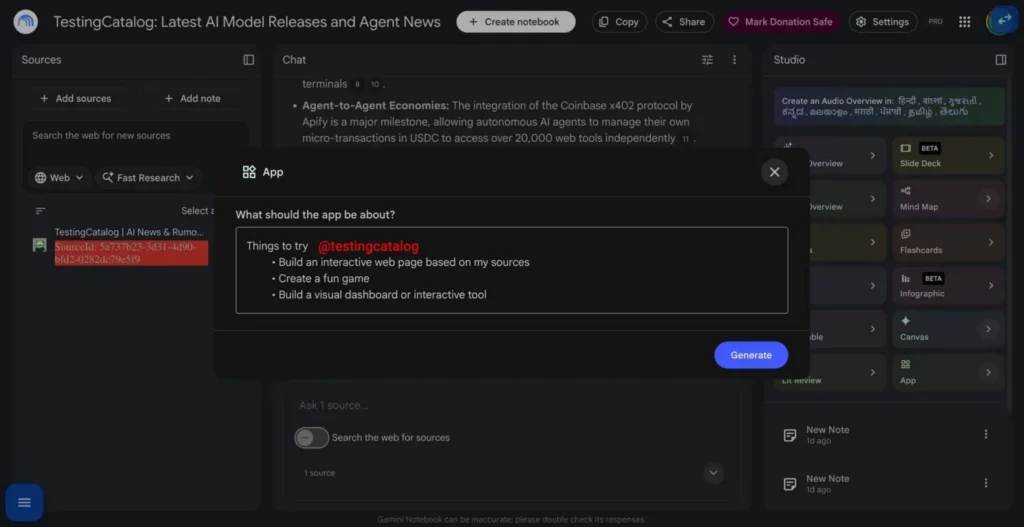 Interface IA générative avec fenêtre de dialogue de création d'application.