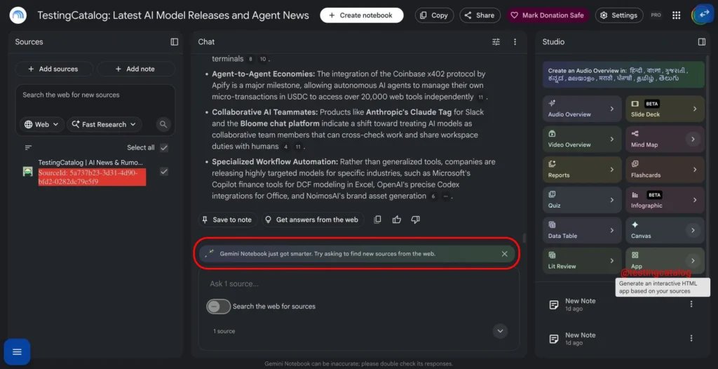 Gemini Notebook : actualités IA, recherche et sources web.