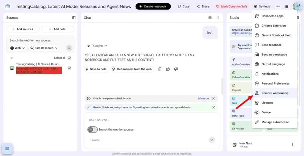 Interface Gemini Notebook affichant le menu 'Supprimer les filigranes'.