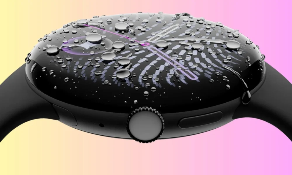Montre connectée noire avec gouttes d'eau sur l'écran.