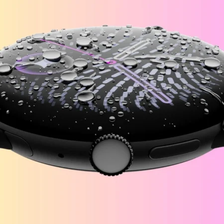 Montre connectée noire avec gouttes d'eau sur l'écran.