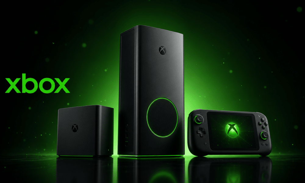 Trois consoles Xbox noires, dont une portable, avec lumières vertes.