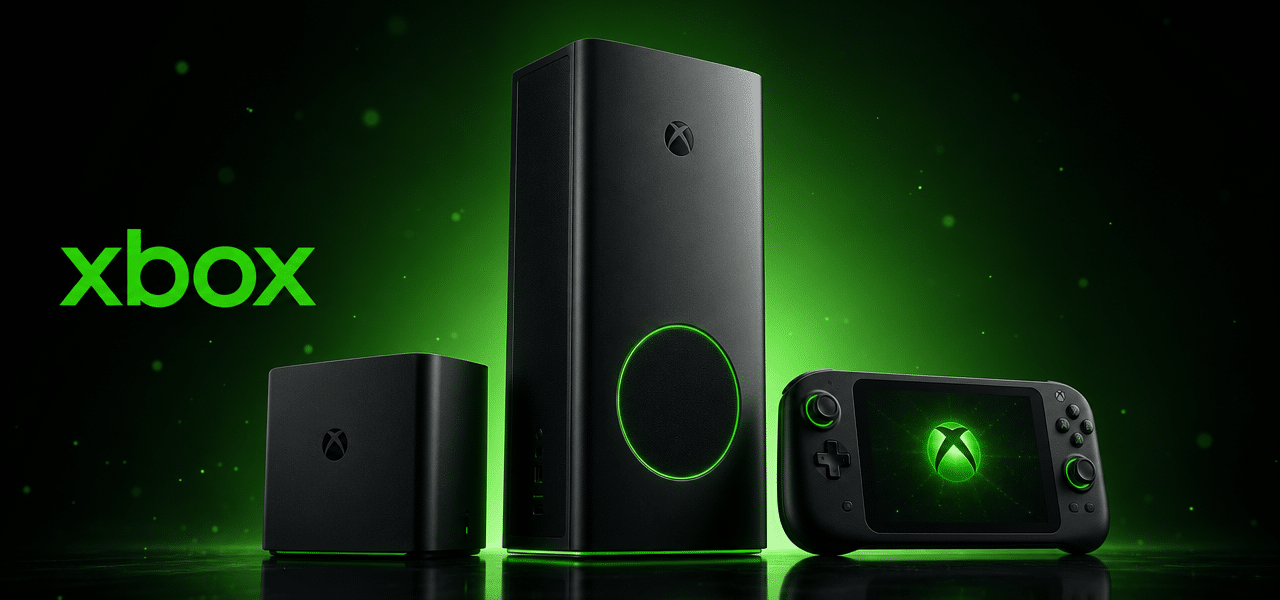 Trois consoles Xbox noires, dont une portable, avec lumières vertes.