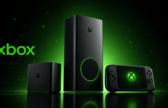 Trois consoles Xbox noires, dont une portable, avec lumières vertes.