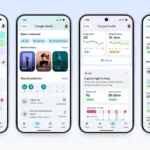 Google Health et Abbott Lingo : le glucose alimente le coach IA Quatre écrans de téléphone Google Health : suivi santé, sommeil, fitness.