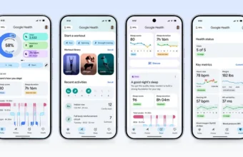 Quatre écrans de téléphone Google Health : suivi santé, sommeil, fitness.