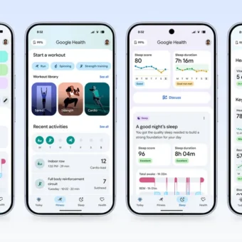 Quatre écrans de téléphone Google Health : suivi santé, sommeil, fitness.