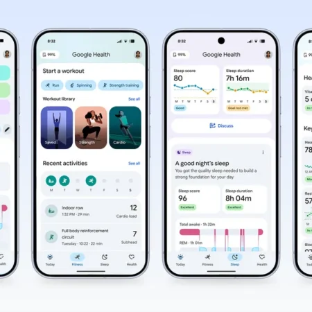 Quatre écrans de téléphone Google Health : suivi santé, sommeil, fitness.