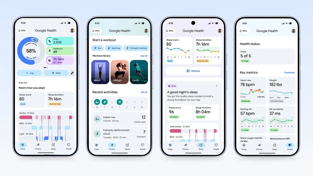 Quatre écrans de téléphone Google Health : suivi santé, sommeil, fitness.