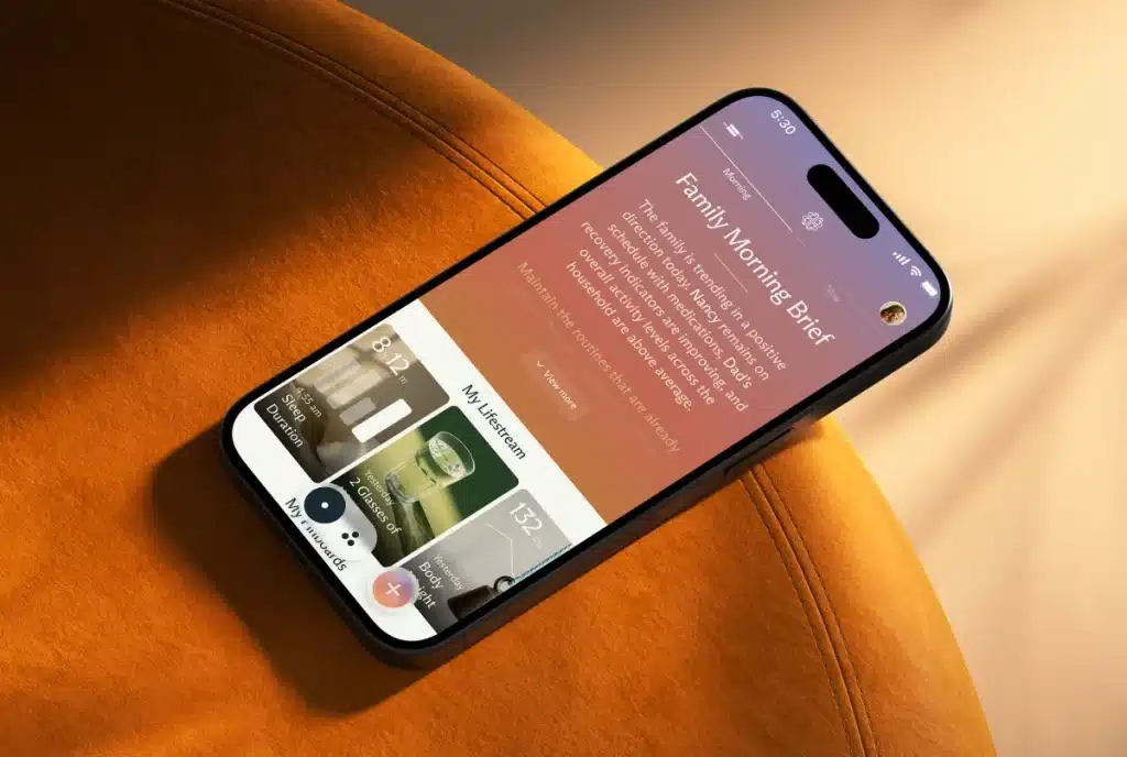 iPhone affichant un aperçu matinal de l'application de santé sur fond orange.