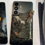 Explosion d’un smartphone Samsung en Inde : la cause reste inconnue Samsung S23 noir endommagé, écran brisé, batterie brûlée.