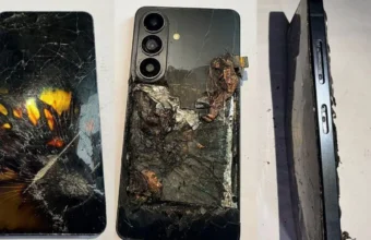 Samsung S23 noir endommagé, écran brisé, batterie brûlée.