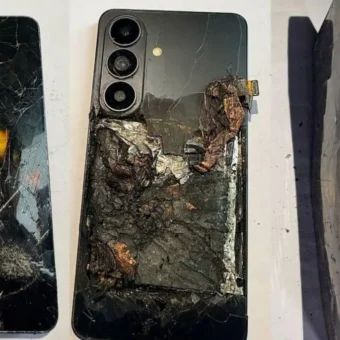 Samsung S23 noir endommagé, écran brisé, batterie brûlée.