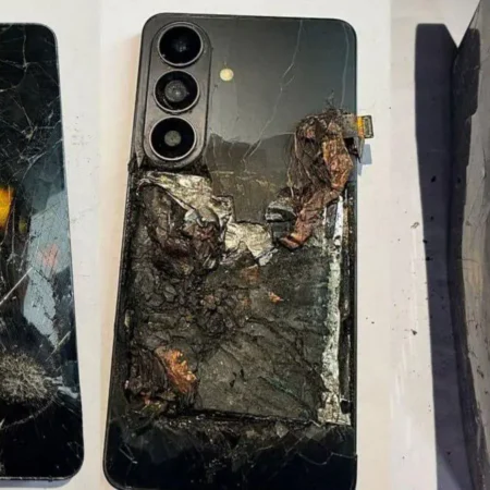 Samsung S23 noir endommagé, écran brisé, batterie brûlée.
