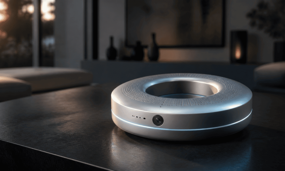L’enceinte connectée OpenAI serait un anneau sans écran à 400 dollars Appareil intelligent circulaire argenté avec caméra sur table.