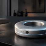 L’enceinte connectée OpenAI serait un anneau sans écran à 400 dollars Appareil intelligent circulaire argenté avec caméra sur table.