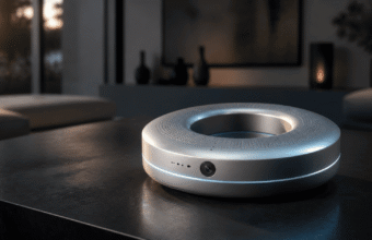 Appareil intelligent circulaire argenté avec caméra sur table.