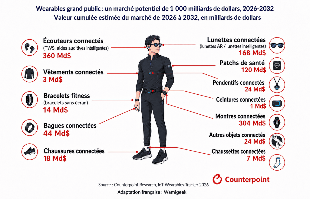Infographie marché des wearables grand public 2026-2032 par type de produit.
