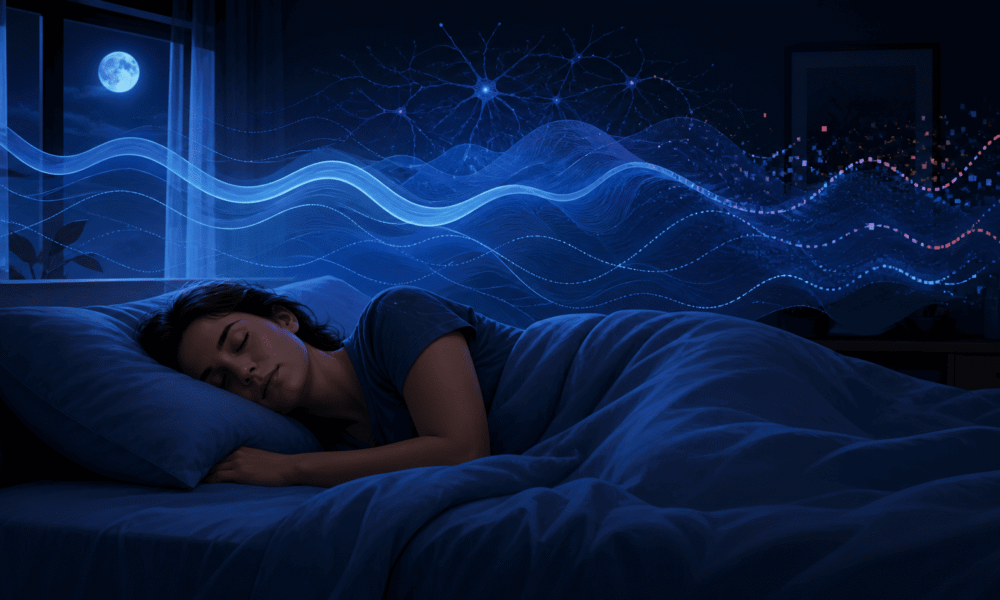 Femme dormant paisiblement avec ondes cérébrales lumineuses et lune.