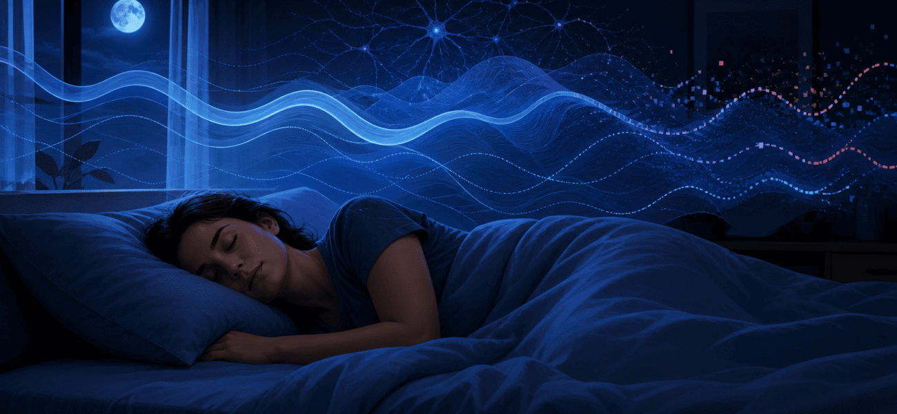 Femme dormant paisiblement avec ondes cérébrales lumineuses et lune.