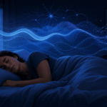 Femme dormant paisiblement avec ondes cérébrales lumineuses et lune.
