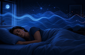 Femme dormant paisiblement avec ondes cérébrales lumineuses et lune.