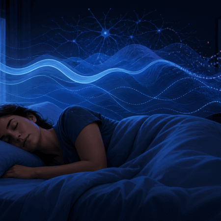 Femme dormant paisiblement avec ondes cérébrales lumineuses et lune.
