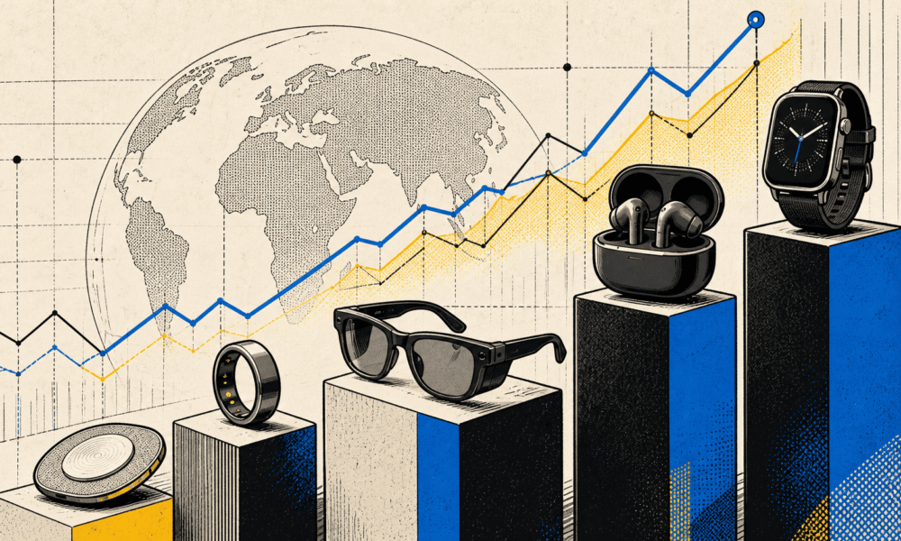 Graphique de croissance mondiale avec appareils technologiques portables divers.