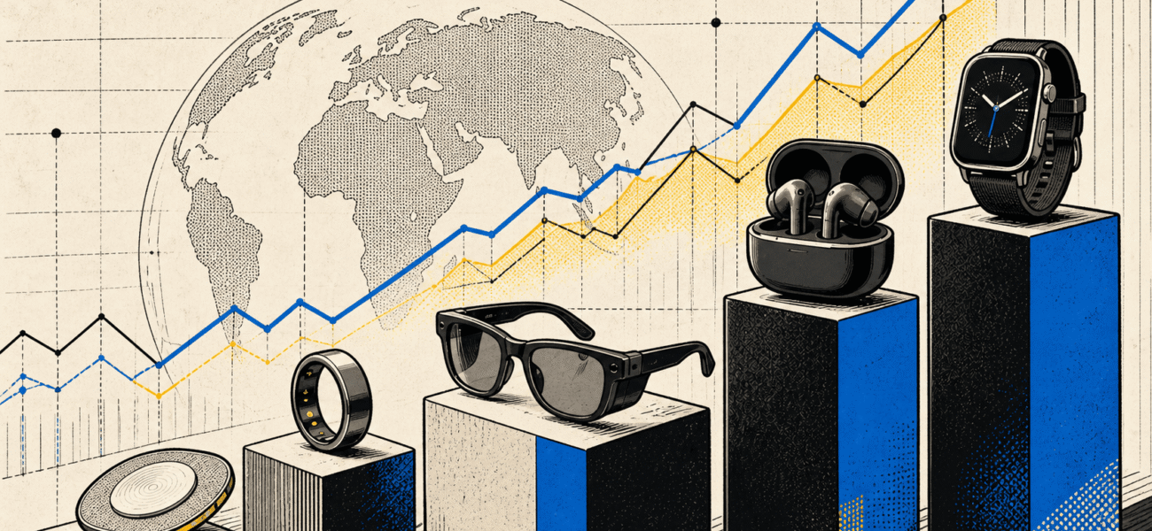 Graphique de croissance mondiale avec appareils technologiques portables divers.