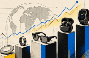 Graphique de croissance mondiale avec appareils technologiques portables divers.