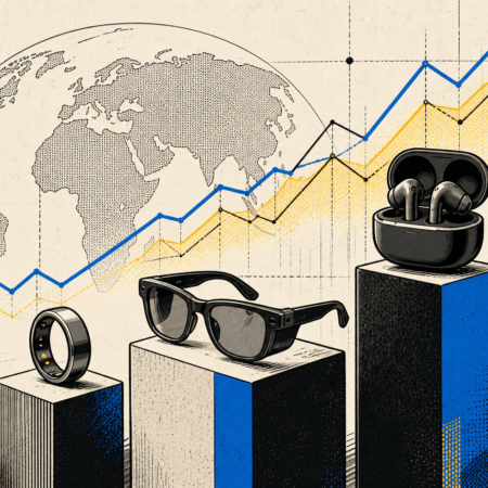 Graphique de croissance mondiale avec appareils technologiques portables divers.