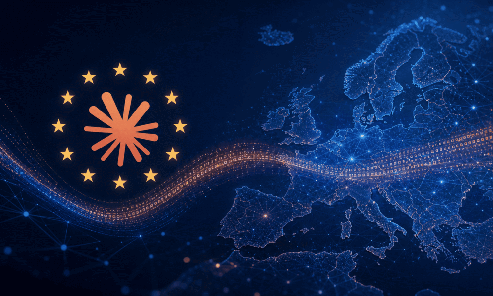 Le filigrane invisible de Claude va suivre les textes copiés UE stylisée et carte numérique de l'Europe avec flux de données.