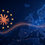 Le filigrane invisible de Claude va suivre les textes copiés UE stylisée et carte numérique de l'Europe avec flux de données.