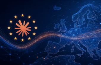 UE stylisée et carte numérique de l'Europe avec flux de données.