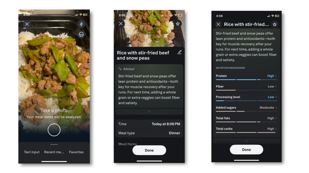 Application mobile analysant un plat de riz, bœuf et pois gourmands.